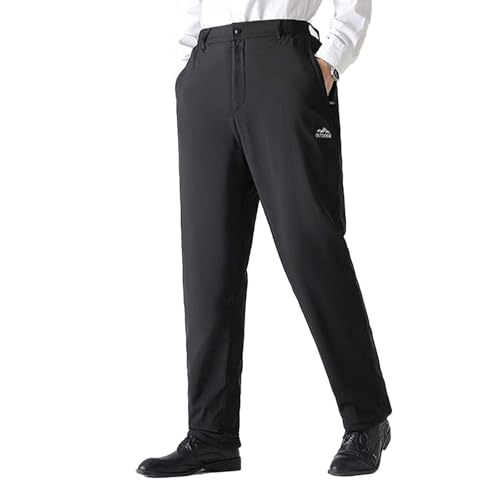 Men's Fleece Lined Dress Pants Elastic Waist Straight Leg Bottom Trousers Winter Warm Business Work Pants Plus Size