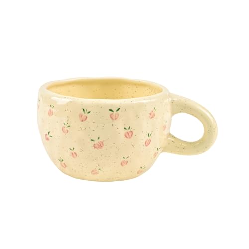 Denovin Ceramic Coffee Mug, Creative Flower Fruit Cup for Women Friends, 8.5 oz/250 ml Cute Coffee Mugs for Latte Tea Milk (Cute Peach)