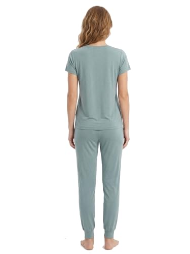 Image of Joyaria Women's Bamboo Viscose Cooling Pajamas Short Sleeve Crewneck Top & Jogger Pajama Pants with Pocket S-XXL