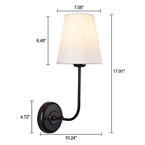 Image of Hardwired Wall Sconce Set of 2 with Flared Shape White Textile Shade Curved Arm and Black Finish Metal Base,Perfect for Bedroom Living Room Bathroom Vanity Area
