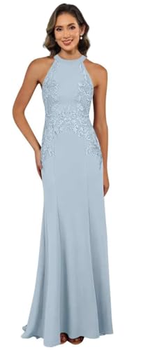 Image of KDTM Satin Lace Mother of The Bride Dresses Long Halter Sleeveless Formal Dresses for Women Wedding Guest