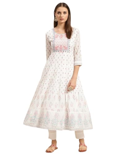 Image of rangita Off White Cotton Calf Length Embroidered Anarkali Kurti for Women | Kurta for Women