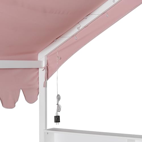 Image of Full Size Wooden Floor Bed for Kids,House-Shaped Daybed with Fense,3 Storage Bookshelves,Curtain and LED Light (White+Pink6)