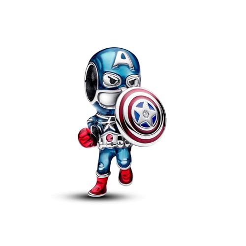 PANDORA Moments Marvel The Avengers Captain America Charm aus Sterling Silber mit Zirkonia, Kompatibel Moments Armbändern, 793129C01
