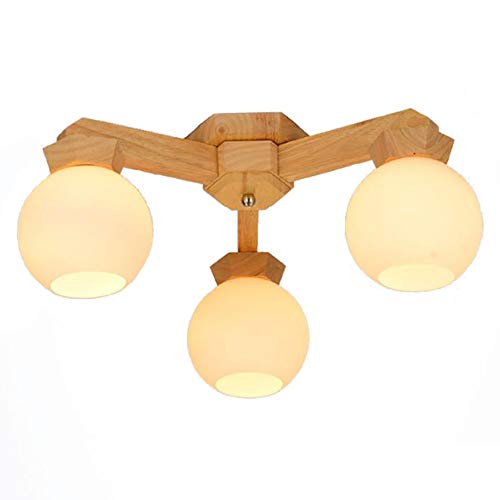 Plafonnier Spoutnik 5 lumières vintage bois avec globe rond verre opalin pour salon