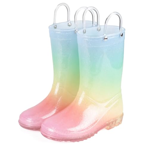 JUDIS Kids Glitter Rain Boots Girls Waterproof Rain Shoes with Easy-on Handles