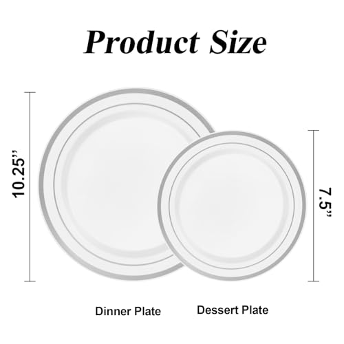 BESTSTAR 200PCS Silver Plastic Plates Set, 100 10.25 inch Dinner Plates and 100 7.5 inch Dessert Plates, Premium Disposable Plates for Party, Wedding