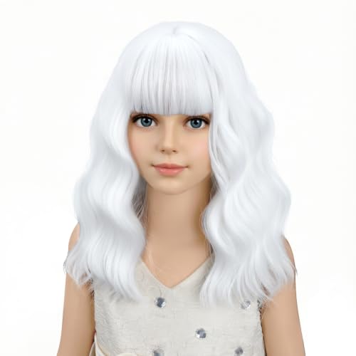 Image of PATTNIUM White Wig Kids Child Short Curly White White for White with Bangs Synthetic Hair Girls (White)