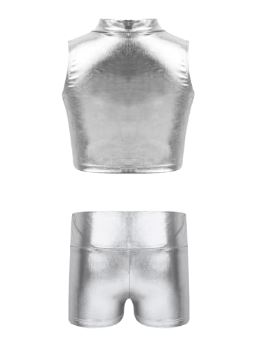 Kaerm Kids Girls Shiny Metallic Dance Gymnastics Workout Outfits Mock Neck Tank Top and High Waist Shorts Bottoms Set2