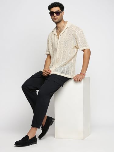Image of SHOWOFFFF Men Solid Crochet Casual Shirt | Cuban Collar Half Sleeves Cotton Shirt for Mens | Relaxed Fit Regular Length Shirt for Men's