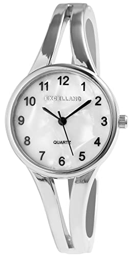 Excellanc Damen-Spangenuhr Metall Armreif Perlmutt Zifferblatt Länge 18cm silberfarbig weiß Quarz-Armbanduhr Geschenkidee