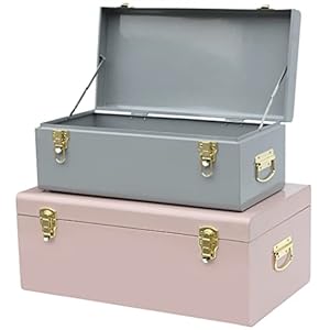 Vixdonos Metal Trunks College Dorm Steel Chests Decorative Storage Box Set of 2 Bedroom Organizer for Home Decor,23.7X14.2X9.5 Inches(Grey and Pink)