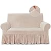NICEEC Loveseat Cover Super Soft 1 Piece Beige Pink Slipcover for Loveseats Stretch Universal Spandex Couch Covers for Living Room Easy Fit Washable Furniture Sofa Protector with Skirt