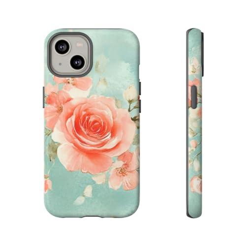 Coque iPhone 14 roses aquarelle turquoise rigide mate