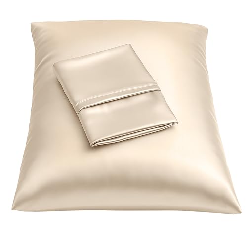 Image of BLISSFORD Satin Pillowcase with Zipper, for Hair and Skin Care, Feels Soft and Cool Like a Silk Pillowcase, Satin Pillow Cases 2 Pack, Slik Pillow Cover, Light Beige - Queen Size, Set of 2