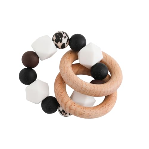 Image of Wooden Rattle Shake Toy Baby Ring Grasping Toys Wooden Bracelet for Infant Baby, Leopard