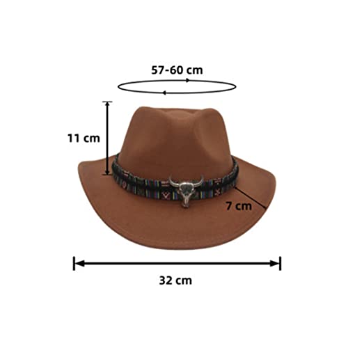 Image of Women Men Faux Felt Western Cowboy Hat with Ox Head Belt Buckle Mexican Cowgirl Wool Hat Newsboy Top Cap Wide Brim Fedora