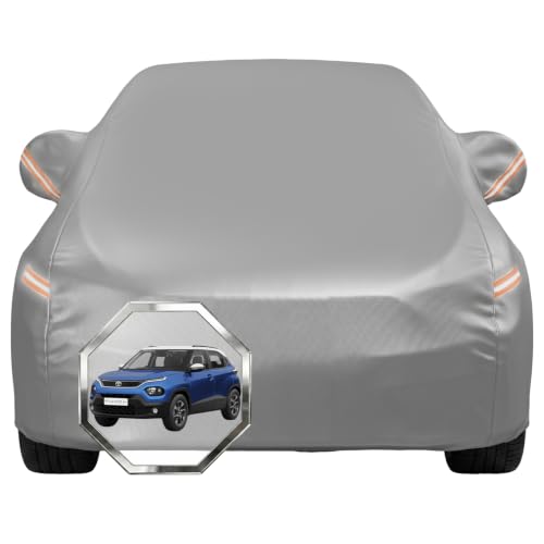Image of Pivalo Car Cover for Tata Punch All Model & Years with Mirror Pocket 100% Waterproof Triple Stitched Bottom Elastic Dust, Heat & UV Resistant Full Body Protection (Grey with Highlighter)