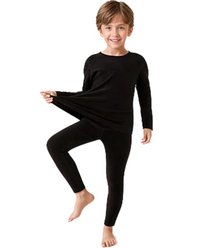 JZCreater Thermal Underwear for Kids Boys Thermals Top & Bottom Set Long Johns Underwear Base Layer for Cold Winter/Skiing Black