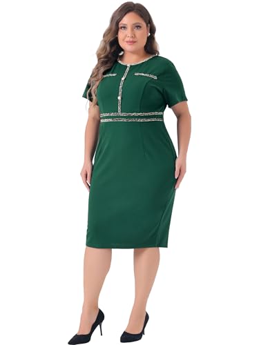 Image of Agnes Orinda Plus Size Dresses for Women Button Crew Neck Vintage Wear to Work Office Party Bodycon Pencil Dress