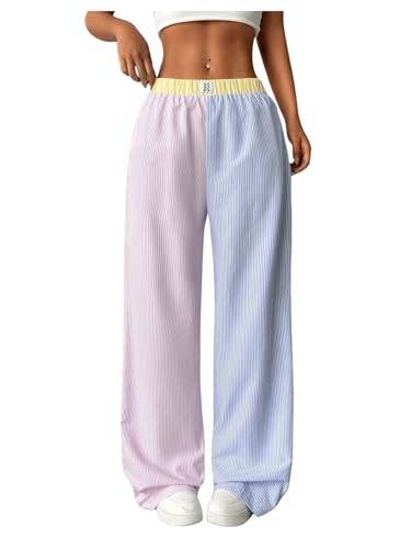 OYOANGLE Women's Colorblock Striped Baggy Pants Elastic Waist Wide Leg Casual Trousers
