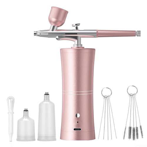 Honseadek Kit de aerógrafo inalámbrico portátil con presión de aire ajustable y punta de 0.3 mm para pintura de coche, motocicleta y arte de uñas (rosa)