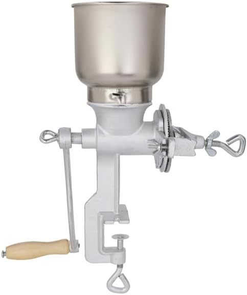Manual Grain Grinder Mill Silver – Adjustable Hand Crank Food Mill for Home Kitchen Use – Portable Cast Iron Corn Wheat Coffee Grinder with Clamp Mount – Durable Grain Mill for Efficient Grinding