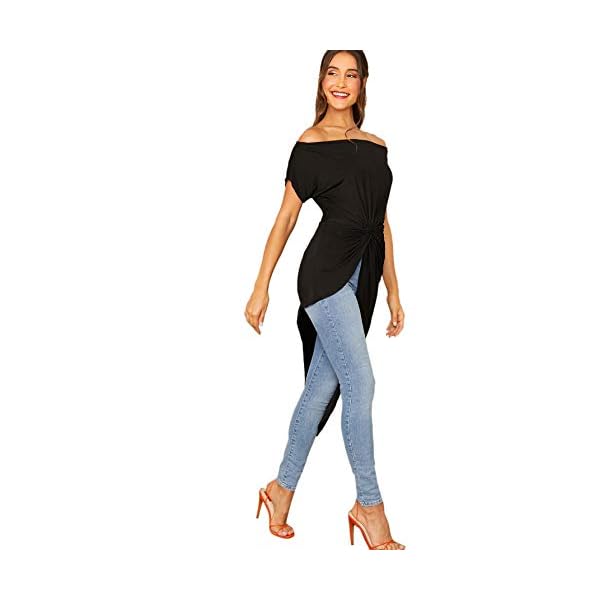 SheIn-Womens-Elegant-Asymmetrical-Twist-Front-Off-Shoulder-Top-Plain-High-Low-Blouse SheIn Women's Elegant Asymmetrical Twist Front Off Shoulder Top Plain High Low Blouse Black Large