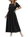 ZANZEA Womens Summer Maxi Dress Short Sleeve Crew Neck Swing Dresses Casual Plus Size A-Line Bohemian Flowy Tiered Dresss with Pockets Black