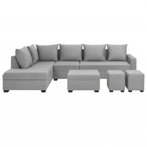 Image of FURNY Gloria 8 Seater Fabric LHS L Shape Sofa Set with 1 Centre Table & 2 Puffy (Light Grey) Premium Velvet Finish | Ideal of Living Room
