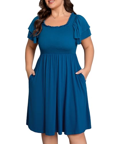 Manllenshie-Womens-Smocked-Midi-Plus-Size-Casual-Dress-Summer-Short-Sleeve-Ruffle-Neck-Party-Work-Dresses-with-2-Pockets Manllenshie Women's Smocked Midi Plus Size Casual Dress Summer Short Sleeve Ruffle Neck Party Work Dresses with 2 Pockets - Image 1