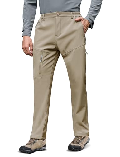 MOURCE Water Resistant Winter Pants for Men - Fleece Lined Hiking Pants Men with Pockets, Light Khaki