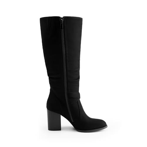 DREAM PAIRS Women's Knee High Boots Slouchy Chunky Heeled Buckle Long Boots for Women Side Zipper Tall Boots,Size 9,Black-Suede,SDKB2419W