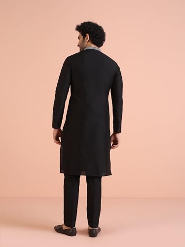 Image of KISAH Men's Navy Blue Printed Cotton Kurta - Regular Fit Long Tunic with Mandarin Collar | Ethnic Wear for Weddings & Festive Occasions