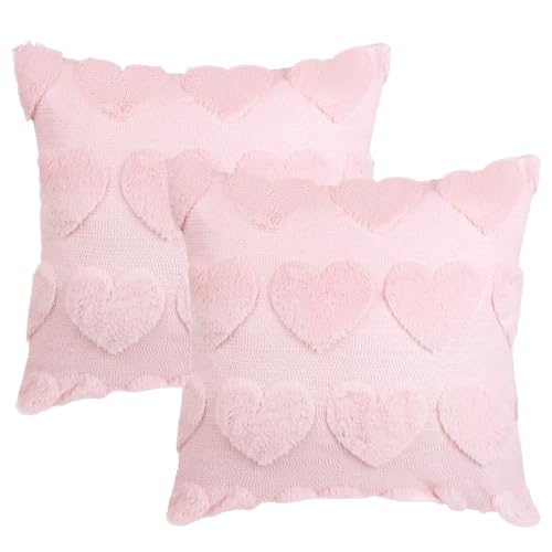 Image of Valentines Throw Pillow Covers 18x18 inch Set of 2 for Decoration, Soft Plush Faux Fur Love Heart Pillow Covers for Valentines Day Wedding Sofa Living Room Couch Bed Decor
