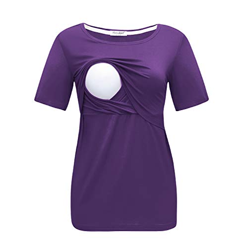 Bearsland Women's 3 Packs Maternity Nursing Tops Short Sleeve Breastfeeding Shirts,Dpgray+Rose+Purple,M #TOP3