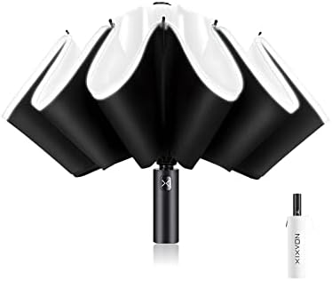 XIXVON Paraguas Pro (10 Varillas, Blanco) | UPF 50+ 99% De ProteccióN UV, Banda De Seguridad Reflectante, Resistente Al Viento, PortáTil, AutomáTico | Paraguas Plegable Inverso