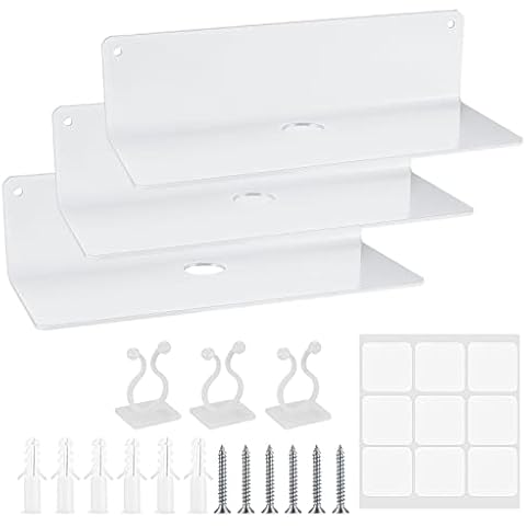 3 Pcs Acrylic Floating Shelves, Wall Mounted Display Shelf Self Adhesive, Wall Storage Shelves for Bathroom Office Picture Ledge Book Plant Speaker, with Cable Clips, Stickers, Screws, Clear White Cover
