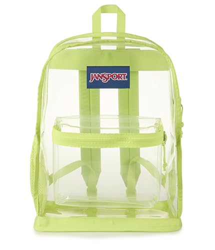 JanSport Clear Pack 25.5L Transparent Backpack Large Main Compartment Side Water Bottle Pocket Front Zippered Pocket Mesh Bottom Panel Citron Lime