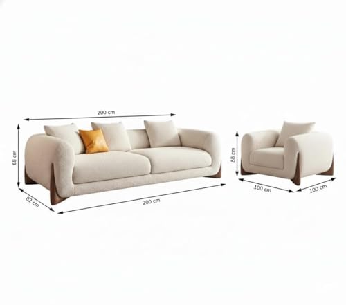 Image of Modern Sofa Chesterfield Design with Stylish Wooden Legs Bouncy Teddy Fabric Off-White Finish Sofa for Living Room, Bedroom, Hallways (3+1 Seater)