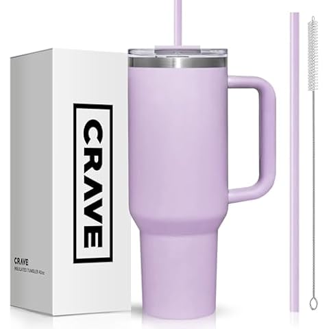 Crave Cups 40oz Tumbler with Lid and Straw l Reusable Spill Proof Double Wall Insulated Stainless Steel Water Bottle Travel Mug l Cupholder Friendly Vacuum Sealed Tumbler with Handle (Lavender) Cover