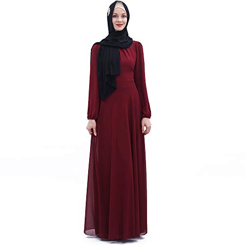 Women's Long Sleeve Maxi Dress Muslim Women Abaya Robe A Line Plain Simple Modern Islamic Arabic Style Casual Dress (243-Wine Red, M)
