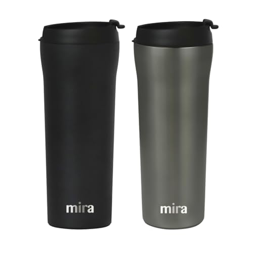 MIRA 2 Pack 16 oz Coffee Travel Mug - Stainless Steel Insulated Tumbler with Leak-Proof Lid - Hot & Cold Cup - Black & Gray Satin