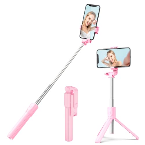 H.May Selfie Stick, Extendable and Portable Stable Tripod Stand Holder with Detachable Wireless Remote Compatible with iPhone 14 13 12 for Selfies Video Recording Vlog, Pink