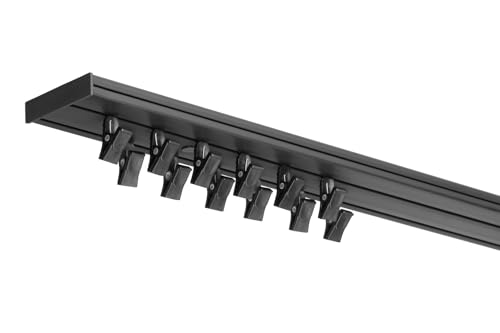 RENA Vorhangschiene 2-läufig Gardinenschiene aus Kunststoff Vorhang-Deckenschiene mit Klammern Gardinenleiste Gardinenstange Gardinen Vorhänge für Deckenmontage Schwarz 250cm