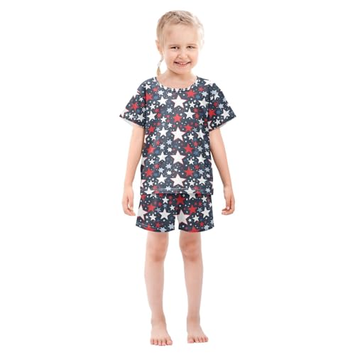 ALAZA Red White Blue Star Pajamas Set Short Sleeve Cotton Sleepwear Summer Pjs 2 Piece 5-14Y3