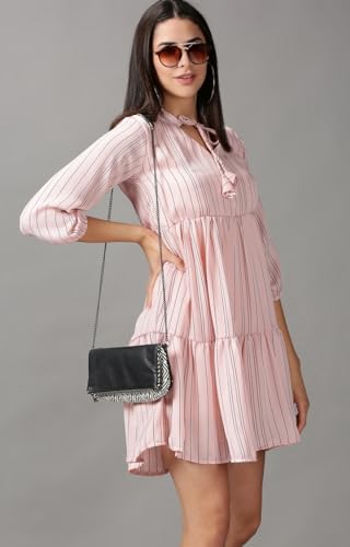Image of SHOWOFFFF Women Stripe Print Fit and Flare Casual Dress | Round Neck 3 /4th Sleeves Satin Dress for Womens | Above Knee Dress for Women's