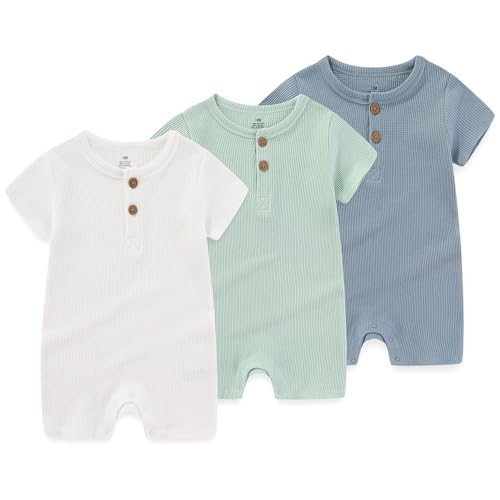 Image of IADOER Newborn Baby Boys Girls One Piece Romper 3 Pack Short Sleeve Ribbed Button Multiple colors Jumpsuit Outfit Clothes
