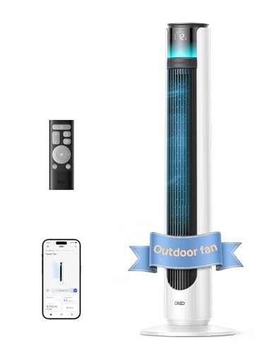 Image of DREO Smart Tower Fan for Outdoor & Indoor Use, 33 ft /s High Velocity, 12 Speeds, 4 Modes Standing Floor Fan, 150 Customizable Oscillating, 20 dB Quiet DC Motor for Bedroom, Weather Resistant
