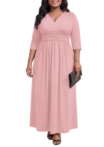 Image of Runwind Plus Size Maxi Dress 3 /4 Sleeve V-Neck Pleated Faux Buttons Pockets | Plus size dress for wedding guest work church, pleated front faux buttons, flowy maxi dress enhances elegance